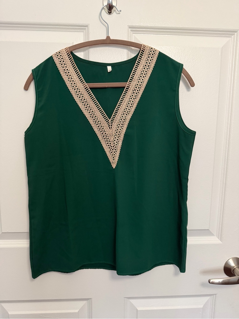 Sleeveless Green V-Neck Top with Cream Crochet Trim